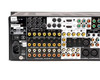 Anthem AVM 50V rear panel close-up showing composite video in/out, S-video in/out, component out, digital coaxial audio in, analog audio in/out, balanced 2-channel XLR, and IEC power inlet