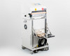 Fuji VG-400C-10W impulse sealer three-quarter right side view on cart, cooling fan visible on lower cabinet panel