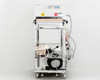 Fuji VG-400C-10W impulse sealer front view on cart, sealing jaw visible at top, foot pedal and gas hose coiled on lower shelf