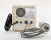 Branson Sonifier 450 rear panel – ventilation grille, power cord, multi-pin RF cable connector, fuse holder, and Branson rating label; converter probe alongside