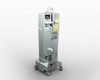 Lumenis AcuPulse 40 AES-A rear three-quarter view from opposite angle with front cover removed, showing internal chassis, internal plumbing, caution labels, and locking casters