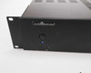 Audio Authority AMP-1235 – close-up of front panel power button and blue LED indicator with Audio Authority logo