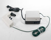 Drummond Pipet-Aid DP-111 pump unit with on/off switch, filter adapter handpiece, and coiled green tubing – top view showing power switch