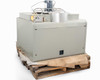 Modine PD400AA0181 propane unit heater – right-side three-quarter view on pallet showing fan motor, flue, gas valve piping, and control box