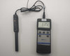 Fisherbrand Traceable S11120 hygrometer with humidity/temperature probe fully extended and connected, displaying live readings on dual LCD