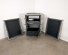 Kent Custom Cases 8U road case open showing 4-section breakdown – padded side panels removed, interior rack insert and pull-out drawer visible