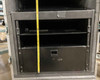 Interior view of Kent Custom Cases 8U rack section with measurement tape showing rack rail height and pull-out drawer below