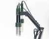 Hanna edge HI2040-01 probe arm close-up showing one pH probe and two dissolved oxygen probes with green caps mounted on articulating holder