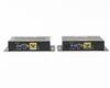 Binary B-500-EXT-230-RS HDBaseT Extender — side port view of both Receiver (left) and Transmitter (right) showing RS-232 DB9 connector, HDBaseT RJ45 (yellow) port, and LINK LED indicator