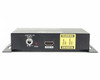Binary B-500-EXT-230-RS HDBaseT Extender Transmitter — close-up of +24V DC 1A INPUT barrel jack with red PWR LED, HDMI IN port, and yellow IR WARNING labels