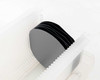 Siltronic AG 100mm FZ polished silicon wafers standing upright in slotted plastic carrier cassette — multiple wafers visible showing reflective dark surface