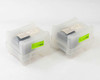 MACOM 100mm polished silicon wafer lots — two closed carrier boxes with paper spec labels and green barcoded inventory stickers on lids