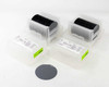 Atecom 100mm polished silicon wafers – two cassettes of 25 wafers each in clear plastic carriers with one loose wafer in foreground