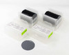 Atecom 100mm P-type epitaxial silicon wafers – overview of four cassette boxes and one loose wafer on white background