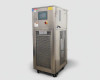 Lneya SUNDI-255 recirculation chiller front-left 3/4 view showing stainless steel enclosure, touchscreen HMI, red emergency stop, and caster wheels