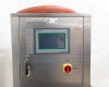 Front panel close-up showing LNEYA nameplate, HALIO touchscreen label, product barcode label, and handwritten inventory notation