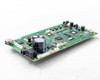 Zebra P110i 404720-001P logic board — side view showing USB Type-B port, DC power jack, power switch, and main 6800µF capacitor