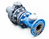 Arad WM80 water meter with valve assembly — right side angled view showing meter body, bolt flanges, and valve pipe stub