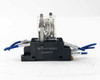 Omron LY2N-D2 relay in PTF08A socket base showing transparent case and coil internals – front view