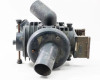 Side view of vintage industrial lamp housing showing ventilated cooling fins, elbow air port, and metal body construction