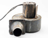 Torrington Electric centrifugal blower — front-left angle view showing full power cord exiting motor top, round tube outlet detail, and rust-heavy motor casing with paint flaking