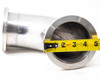 SS 304 vacuum elbow flange face measured with tape measure showing approximately 5-inch inner diameter