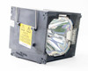 Sharp AN-K20LP projector lamp module — left-side view showing yellow caution label and AN-K20LP part number printed on housing