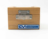 CVI Laser Corporation wood storage case rear/side view showing metal latch and CVI Laser Corporation Albuquerque NM label