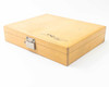Optical Engineering wooden carry case — closed top view showing Opt-Eng logo and metal latch