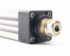 Exlar KM60 actuator rod end close-up showing threaded female output fitting and flange mount plate