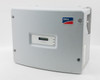 SMA Sunny Boy SB3000US grid-tie solar inverter — front view, closed NEMA 3R enclosure with LCD display panel and SMA logo