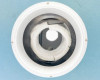 Opposite tube opening on blue front panel of Lindberg 54434 showing aluminum collar and cracked refractory ceramic end cap with visible wear