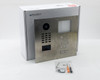 DoorBird D2101iKH V4A stainless steel IP video door station front view with camera, RFID keypad, and mounting hardware kit