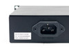 Close-up of Araknis AN-210-SW-R-16-POE rear power inlet area showing IEC C14 connector, 100–240VAC 50–60Hz label, and unit serial/MAC label