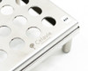 Celavie Biosciences logo etched on stainless steel test tube rack side panel — asset tag #44 visible on rack end