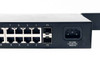 Pakedge S26e rear panel close-up showing SFP ports F1 and F2, remaining RJ-45 ports, and IEC AC power inlet labeled 100-240V AC 50/60 Hz