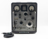 HP 608F VHF Signal Generator – close-up of upper front panel showing megacycles band display (10-455 MHz), modulation meter, RF output meter, and control knobs