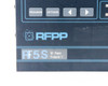 RFPP RF5S rear panel showing RF OUT N-type connector, CEX IN/OUT BNC connectors, J1 connector, 198-240VAC IEC inlet, CB1 circuit breaker, RS232C/RS485 DB9 port, analog interface green connector, and cooling fan