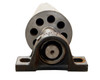 End-on view of stainless steel roller showing seven internal bore holes in the drum flange and INA pillow block bearing