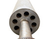 End-face close-up of roller drum showing seven circular internal bores and stainless shaft transition flange