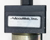 AccuWeb Inc. model label close-up showing Model MME-1 7303-01 and serial number on web guide body