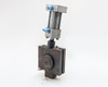 Sheffer Corp 2HHRHF3 hydraulic cylinder with attached machine fixture — full assembly front-left view showing cylinder body and blue port caps