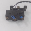 Omron Z-15GQ3-B micro switch bottom view showing screw terminals with blue wire connectors and QR code label