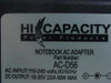 Hi Capacity AC-D56 Notebook AC Adapter – close-up of label showing AC INPUT 110-240V 60/50Hz and DC OUTPUT 18-30V 2.0A 60W MAX