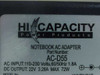 Hi Capacity AC-D55 label close-up showing AC-D55 part number, 22V 3.28A 72W output, and 110-230V input specs