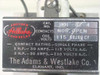 Adams & Westlake 1101-87-4 nameplate close-up showing Cat. No., coil voltage 115V 50/60 CY, contacts NOR. OPEN, and single-phase contact ratings