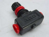 ARO NO2 1/4 inch needle valve front view showing black body, red push-in fittings, and ARO logo