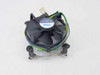 Intel LGA 775 CPU cooler – angled front view showing fan, heatsink fins, and push-pin retention clips