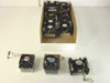 Assorted generic Socket 478 CPU heatsink fans in a cardboard box with three units displayed in front — various sizes and fan colors visible