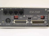 Extended Systems ESI-2249A rear panel close-up showing 4 RJ host inputs, P1 parallel output, P2 serial output, 16V AC power, and DIP switches
